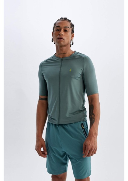 Slim Fit Dar Kesim Bisiklet Yaka Fermuarlı Ağır Kumaş Sporcu Kısa Kollu Tişört B5144AX24SP