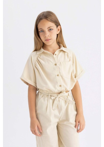Kız Çocuk Cropped Fit Pamuklu Kısa Kollu Gömlek C4272A824SM