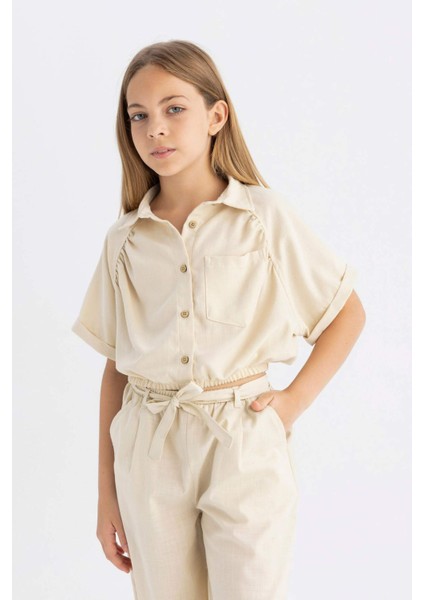 Kız Çocuk Cropped Fit Pamuklu Kısa Kollu Gömlek C4272A824SM