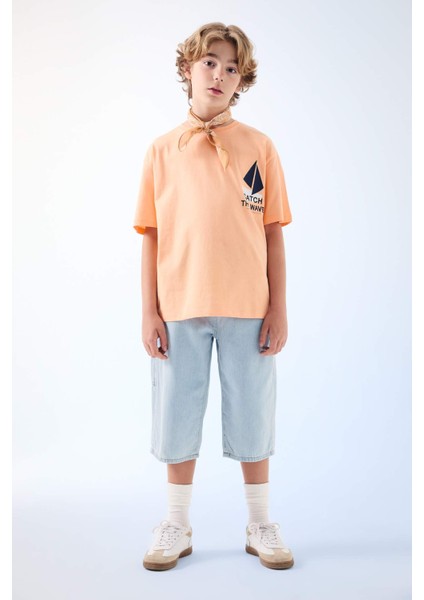 Erkek Çocuk Oversize Geniş Kalıp Bisiklet Yaka Nakışlı Kısa Kollu Tişört C4045A824SM