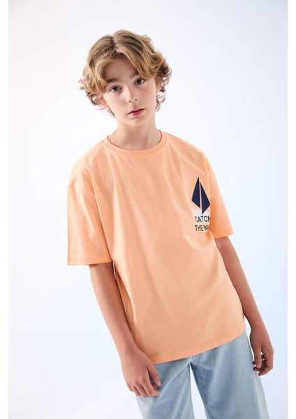 Erkek Çocuk Oversize Geniş Kalıp Bisiklet Yaka Nakışlı Kısa Kollu Tişört C4045A824SM