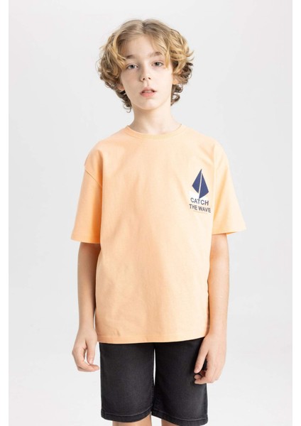 Erkek Çocuk Oversize Geniş Kalıp Bisiklet Yaka Nakışlı Kısa Kollu Tişört C4045A824SM