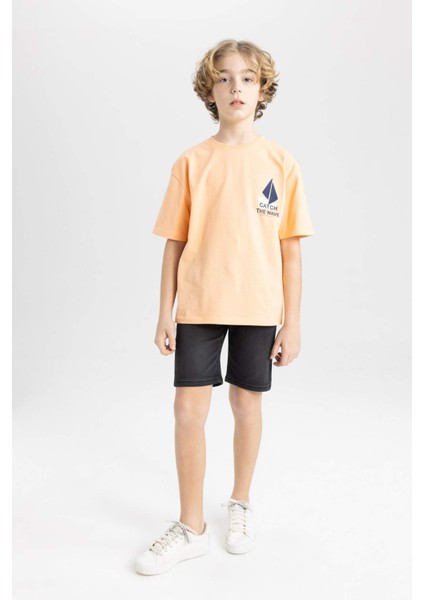 Erkek Çocuk Oversize Geniş Kalıp Bisiklet Yaka Nakışlı Kısa Kollu Tişört C4045A824SM