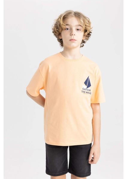 Erkek Çocuk Oversize Geniş Kalıp Bisiklet Yaka Nakışlı Kısa Kollu Tişört C4045A824SM