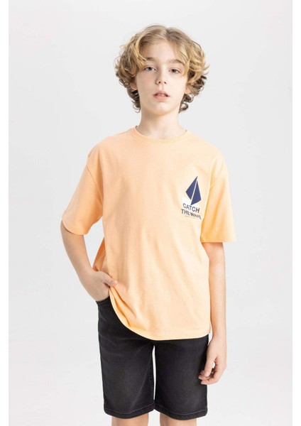 Erkek Çocuk Oversize Geniş Kalıp Bisiklet Yaka Nakışlı Kısa Kollu Tişört C4045A824SM