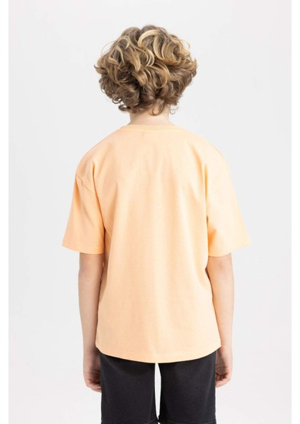 Erkek Çocuk Oversize Geniş Kalıp Bisiklet Yaka Nakışlı Kısa Kollu Tişört C4045A824SM