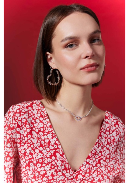 V Yaka Çiçekli Maroken Mini Kısa Kollu Kırmızı Elbise