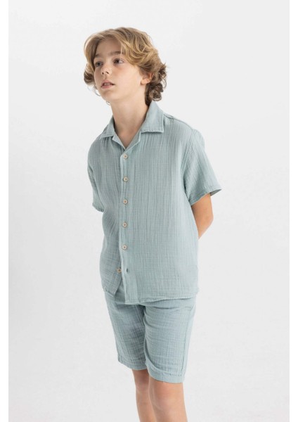 Erkek Çocuk Oversize Geniş Kalıp Polo Yaka Müslin Kısa Kollu Gömlek W3239A624HS