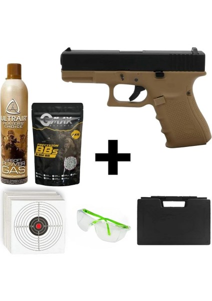 Glock 19 Gen4 Tan + Green Gas + 1 kg Bb + Taşıma Çantası + Atış Gözlüğü