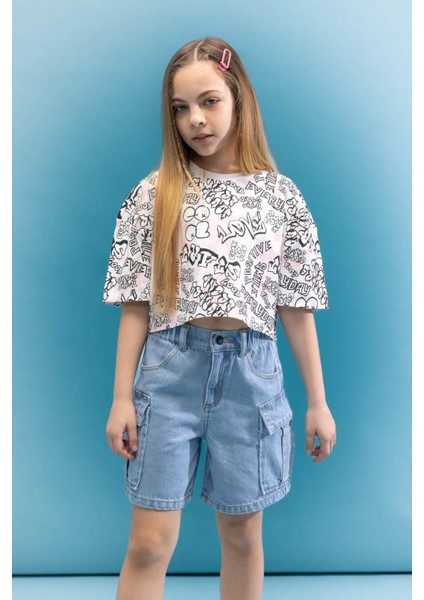 Kız Çocuk Bisiklet Yaka Crop Karanlıkta Parlayan Baskılı Kısa Kollu Tişört C5463A824SM