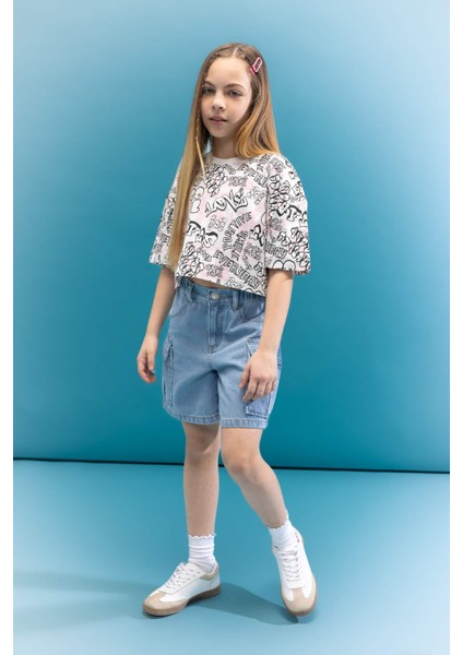 Kız Çocuk Bisiklet Yaka Crop Karanlıkta Parlayan Baskılı Kısa Kollu Tişört C5463A824SM