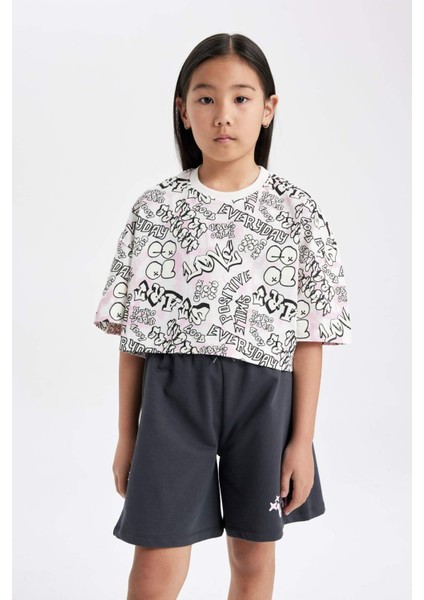 Kız Çocuk Bisiklet Yaka Crop Karanlıkta Parlayan Baskılı Kısa Kollu Tişört C5463A824SM