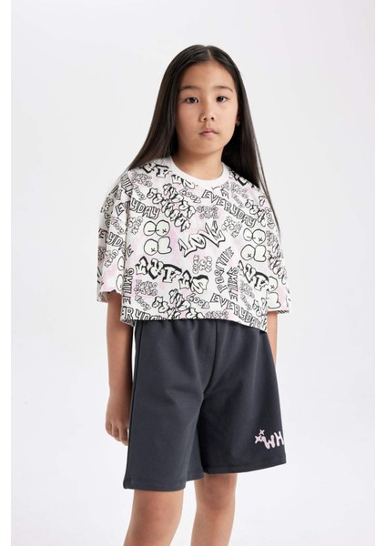 Kız Çocuk Bisiklet Yaka Crop Karanlıkta Parlayan Baskılı Kısa Kollu Tişört C5463A824SM