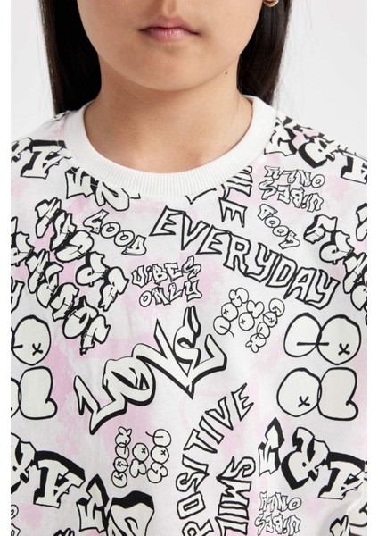 Kız Çocuk Bisiklet Yaka Crop Karanlıkta Parlayan Baskılı Kısa Kollu Tişört C5463A824SM