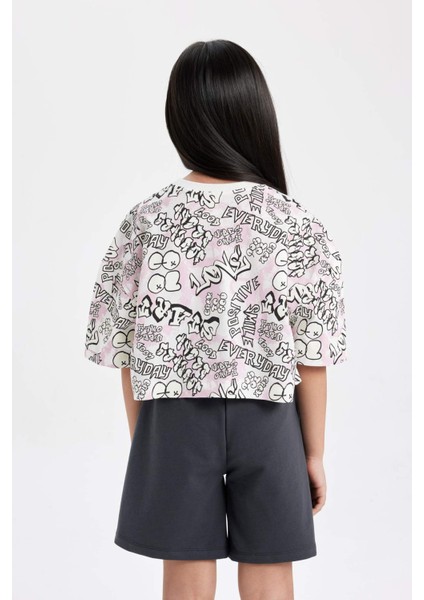 Kız Çocuk Bisiklet Yaka Crop Karanlıkta Parlayan Baskılı Kısa Kollu Tişört C5463A824SM