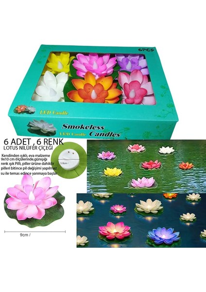 Suda Yüzen Eva Malzeme 6lı Su Niliferi Lotus Çiçeği Pilli Mum Hawaian