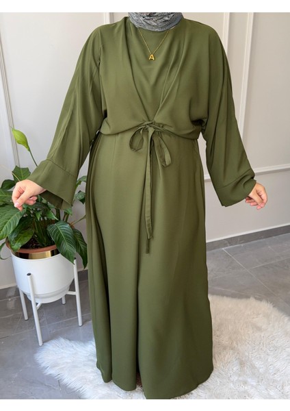 Medine Ipeği Bel Bağlamalı Tesettür Model Büyük Beden Uyumlu Abaya Kollu Fadime Model Elbise modelleri