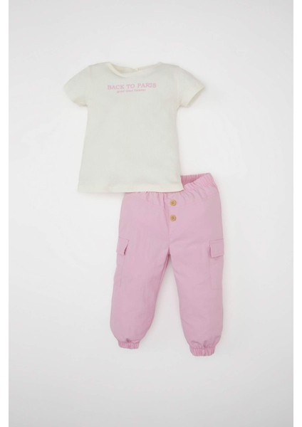 Kız Bebek 2'li Takım Baskılı Kısa Kollu Tişört Üst Paraşüt Pantolon Alt