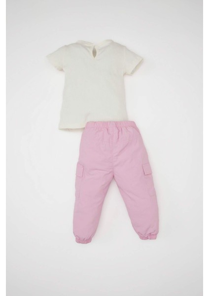 Kız Bebek 2'li Takım Baskılı Kısa Kollu Tişört Üst Paraşüt Pantolon Alt