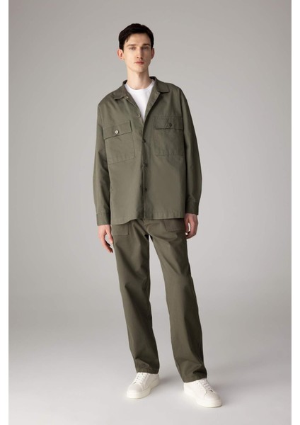 %100 Pamuk Oversize Geniş Kalıp Polo Yaka Twill Uzun Kollu Gömlek Ceket C2896AX24SP