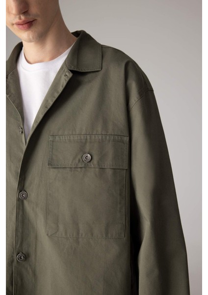 %100 Pamuk Oversize Geniş Kalıp Polo Yaka Twill Uzun Kollu Gömlek Ceket C2896AX24SP