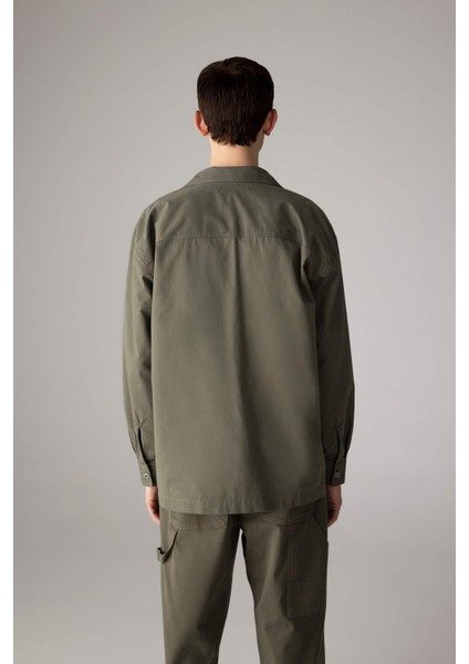 %100 Pamuk Oversize Geniş Kalıp Polo Yaka Twill Uzun Kollu Gömlek Ceket C2896AX24SP