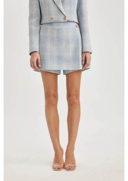 Yüksek Bel Kareli Tweed Mini Şort Etek C5532AX24SM