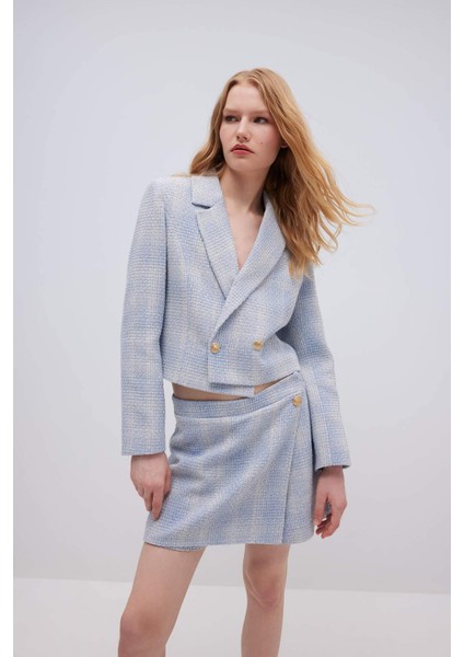 Yüksek Bel Kareli Tweed Mini Şort Etek C5532AX24SM