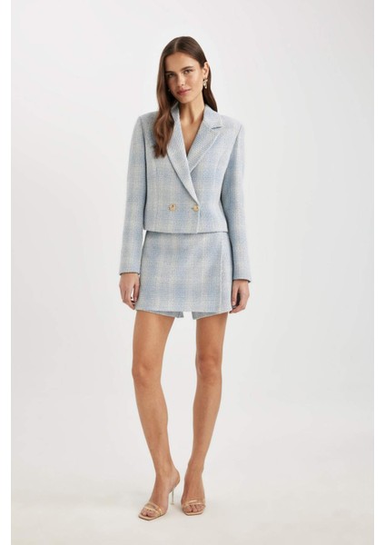 Yüksek Bel Kareli Tweed Mini Şort Etek C5532AX24SM