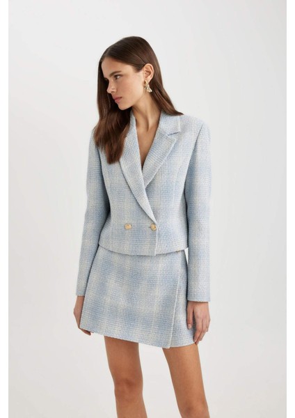 Yüksek Bel Kareli Tweed Mini Şort Etek C5532AX24SM