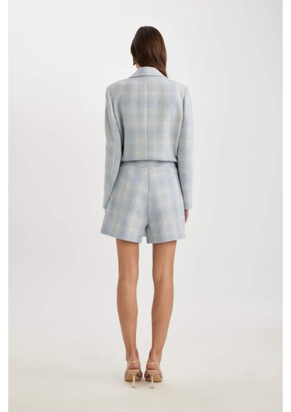 Yüksek Bel Kareli Tweed Mini Şort Etek C5532AX24SM