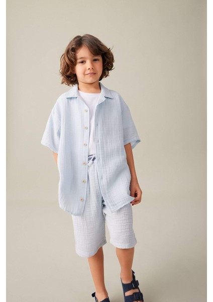 Erkek Çocuk Oversize Geniş Kalıp Polo Yaka Müslin Kısa Kollu Gömlek