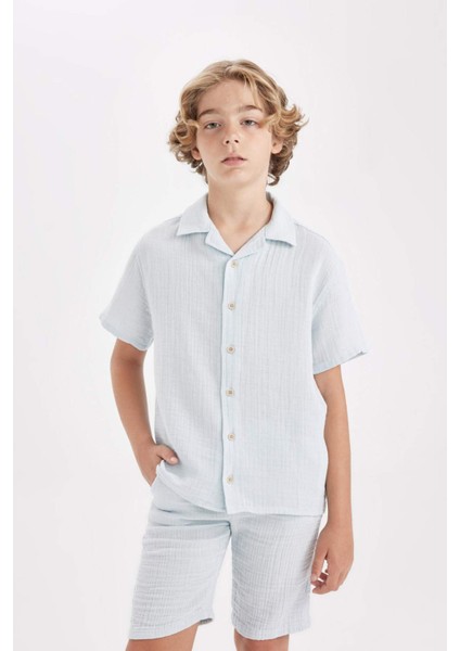 Erkek Çocuk Oversize Geniş Kalıp Polo Yaka Müslin Kısa Kollu Gömlek