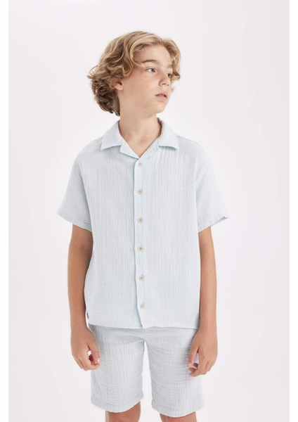 Erkek Çocuk Oversize Geniş Kalıp Polo Yaka Müslin Kısa Kollu Gömlek