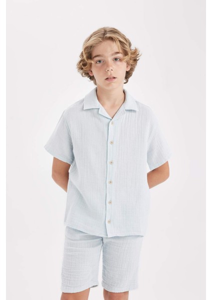 Erkek Çocuk Oversize Geniş Kalıp Polo Yaka Müslin Kısa Kollu Gömlek