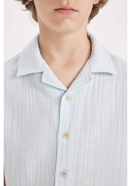 Erkek Çocuk Oversize Geniş Kalıp Polo Yaka Müslin Kısa Kollu Gömlek