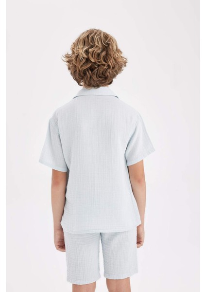 Erkek Çocuk Oversize Geniş Kalıp Polo Yaka Müslin Kısa Kollu Gömlek