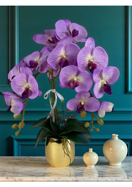 Yapay Orkide Premium Kalite Doğal Görünümlü Gold Metal Saksı Yapay Çiçek 55 cm Mor Lila Hediyelik Dekor