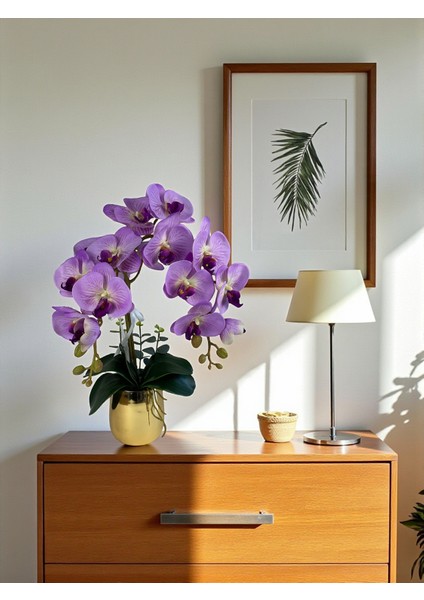 Yapay Orkide Premium Kalite Doğal Görünümlü Gold Metal Saksı Yapay Çiçek 55 cm Mor Lila Hediyelik Dekor fiyatları