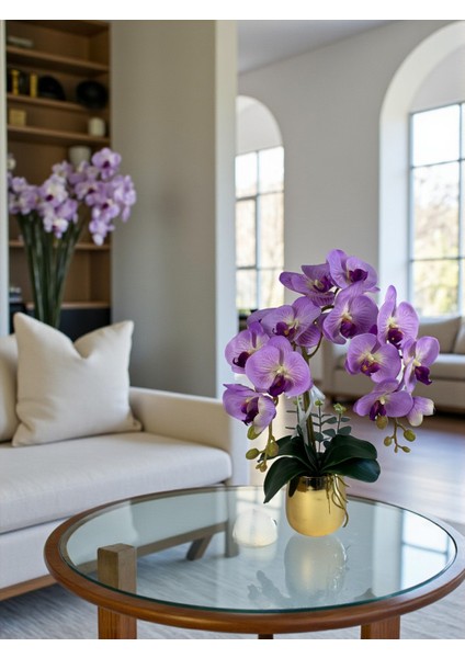 Yapay Orkide Premium Kalite Doğal Görünümlü Gold Metal Saksı Yapay Çiçek 55 cm Mor Lila Hediyelik Dekor modelleri