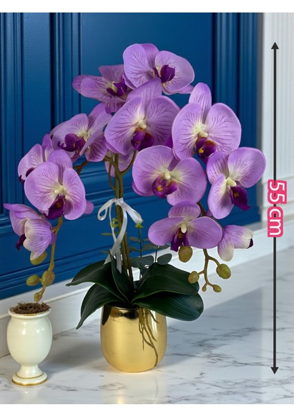 Yapay Orkide Premium Kalite Doğal Görünümlü Gold Metal Saksı Yapay Çiçek 55 cm Mor Lila Hediyelik Dekor fırsatları
