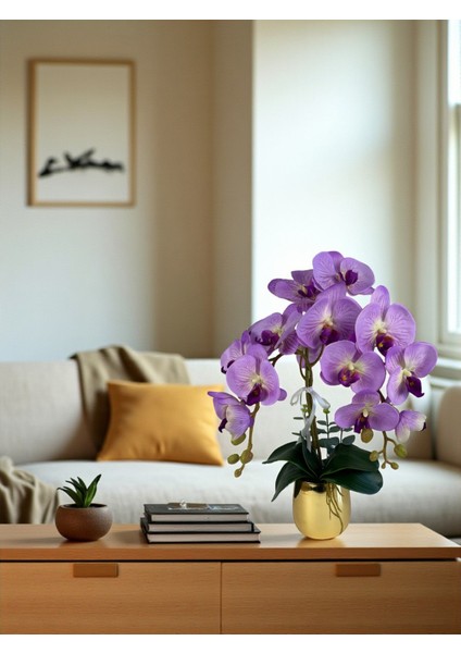 Yapay Orkide Premium Kalite Doğal Görünümlü Gold Metal Saksı Yapay Çiçek 55 cm Mor Lila Hediyelik Dekor indirimleri