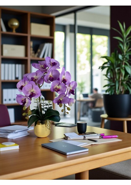 Yapay Orkide Premium Kalite Doğal Görünümlü Gold Metal Saksı Yapay Çiçek 55 cm Mor Lila Hediyelik Dekor