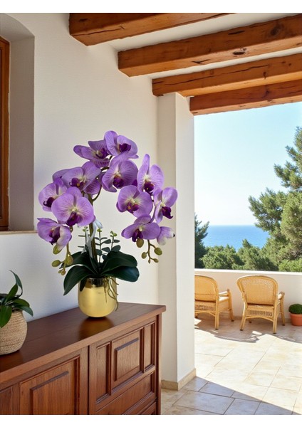 Yapay Orkide Premium Kalite Doğal Görünümlü Gold Metal Saksı Yapay Çiçek 55 cm Mor Lila Hediyelik Dekor