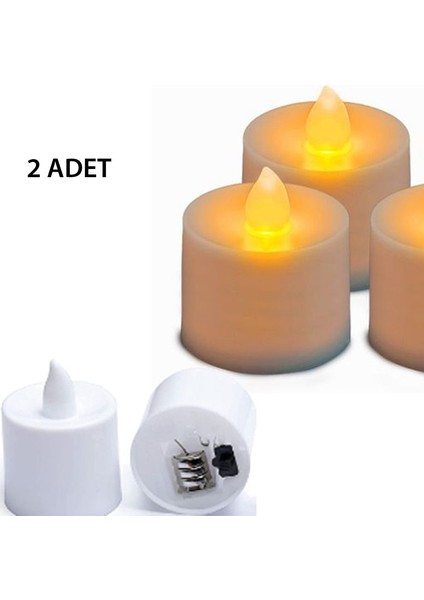 Plastik Beyaz Renk Mumlu Sarı Renk Işıklı LED Pilli Mum 2 Adet 4,5 cm