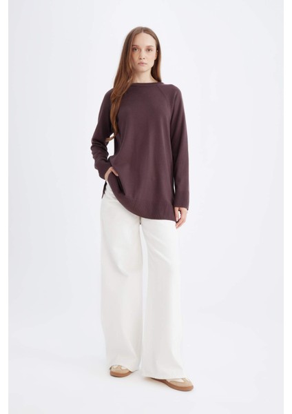 Regular Fit Bisiklet Yaka Basic Düz Triko Kazak Tunik C4474Ax24Au