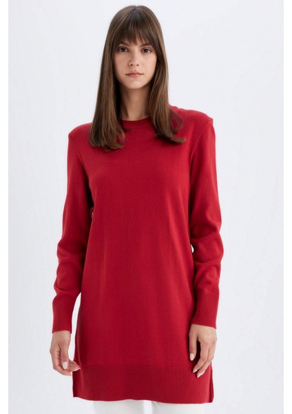 Regular Fit Bisiklet Yaka Yırtmaçlı Basic Düz Triko Kazak Tunik H3431AZ24AU