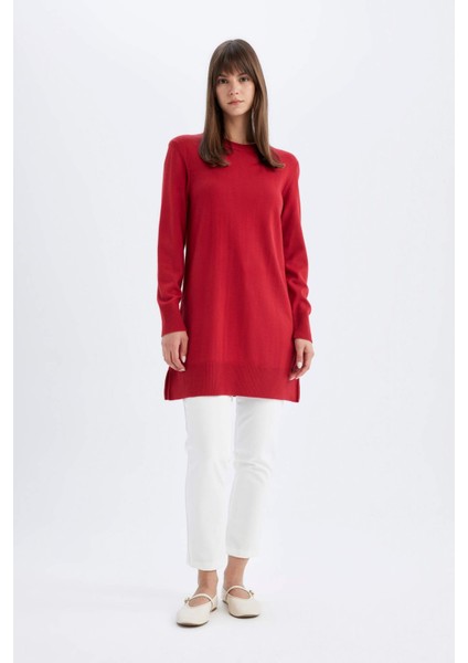 Regular Fit Bisiklet Yaka Yırtmaçlı Basic Düz Triko Kazak Tunik H3431AZ24AU