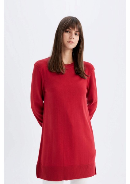 Regular Fit Bisiklet Yaka Yırtmaçlı Basic Düz Triko Kazak Tunik H3431AZ24AU