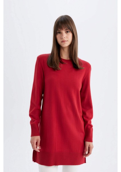 Regular Fit Bisiklet Yaka Yırtmaçlı Basic Düz Triko Kazak Tunik H3431AZ24AU